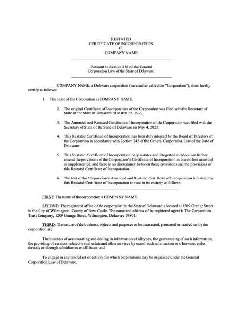 USA Delaware certificate of incorporation Word and PDF template, version 3